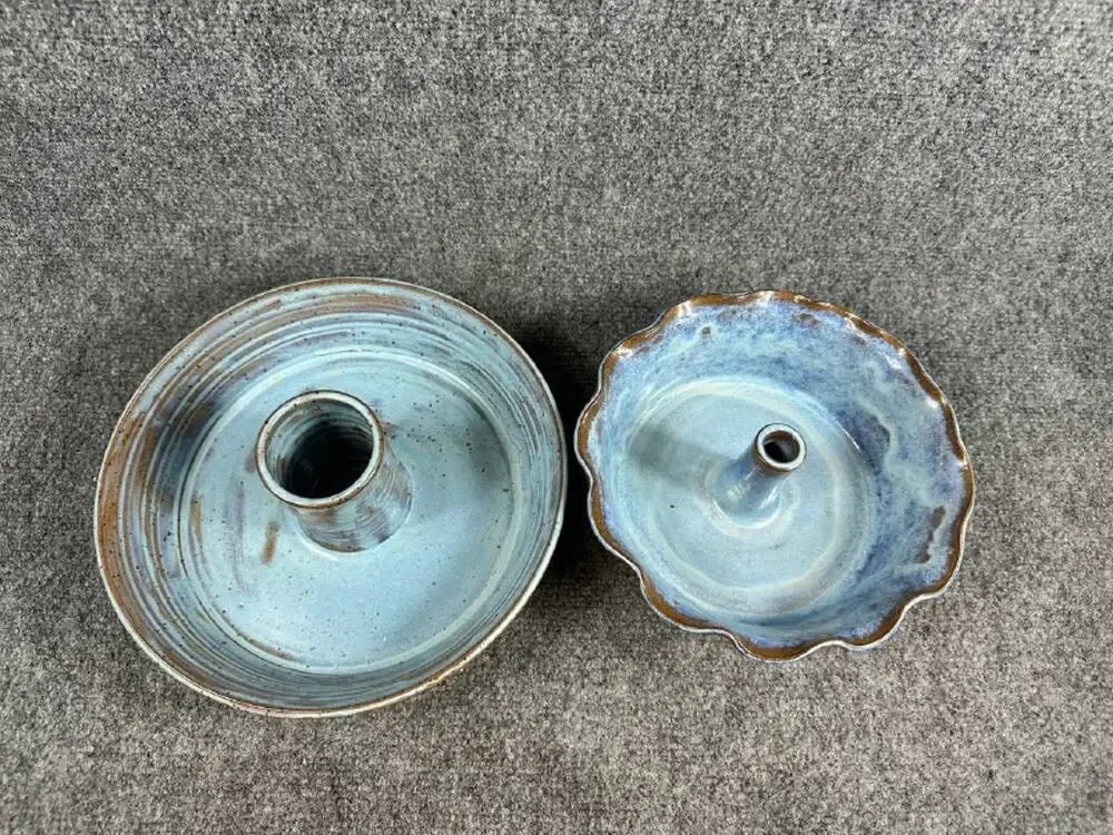 Handmade Ceramic Cake Stand Pedestal Pie Dessert Plate Blue Glaze Set of 2